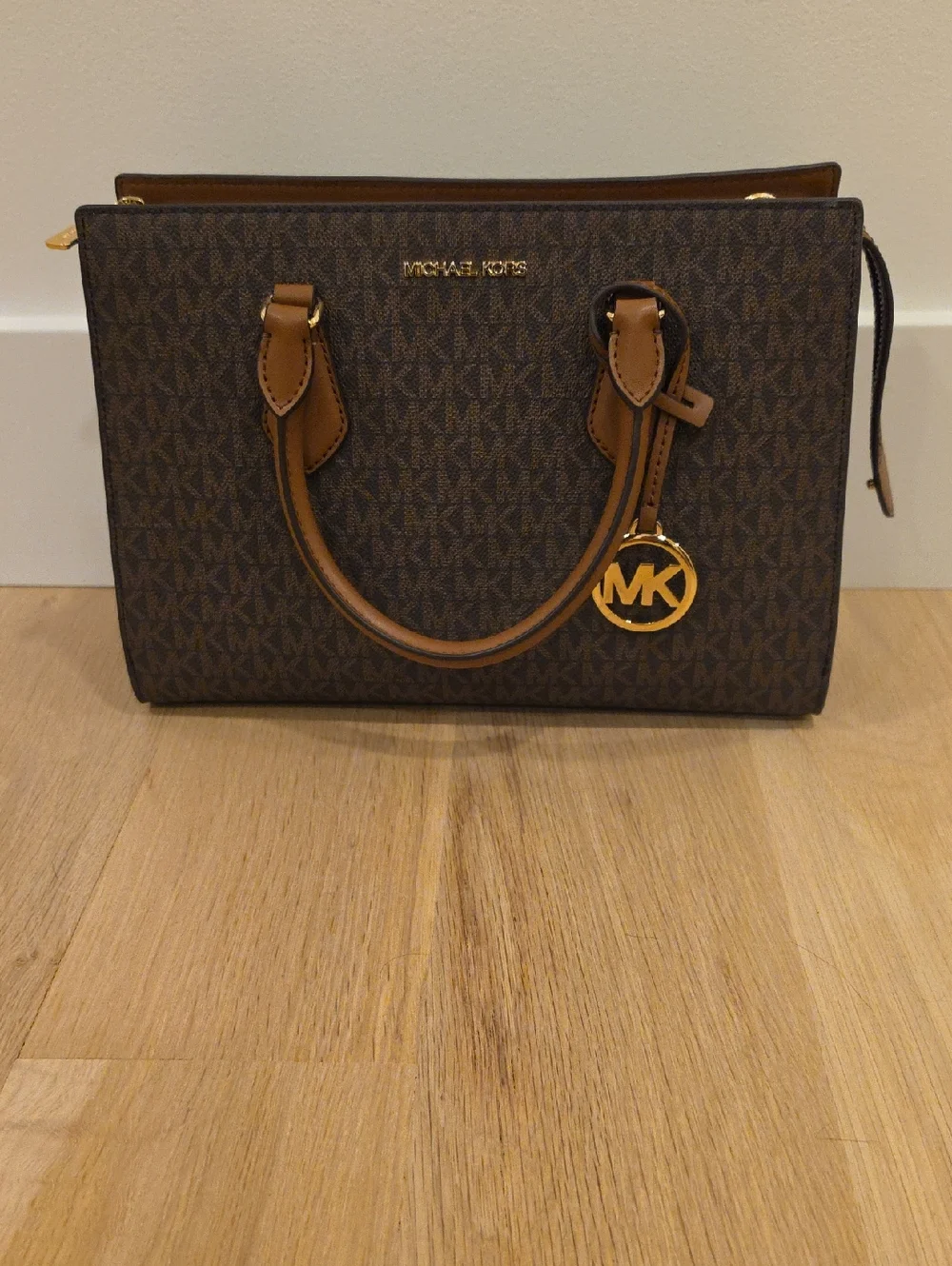 Michael Kors Brown Logo Satchel with Tan Trim and Gold Hardware - Picture 1 of 8